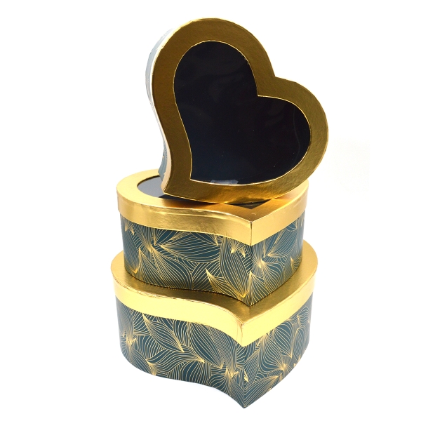 Set 3 cutii inima curbe auriu verde inchis
